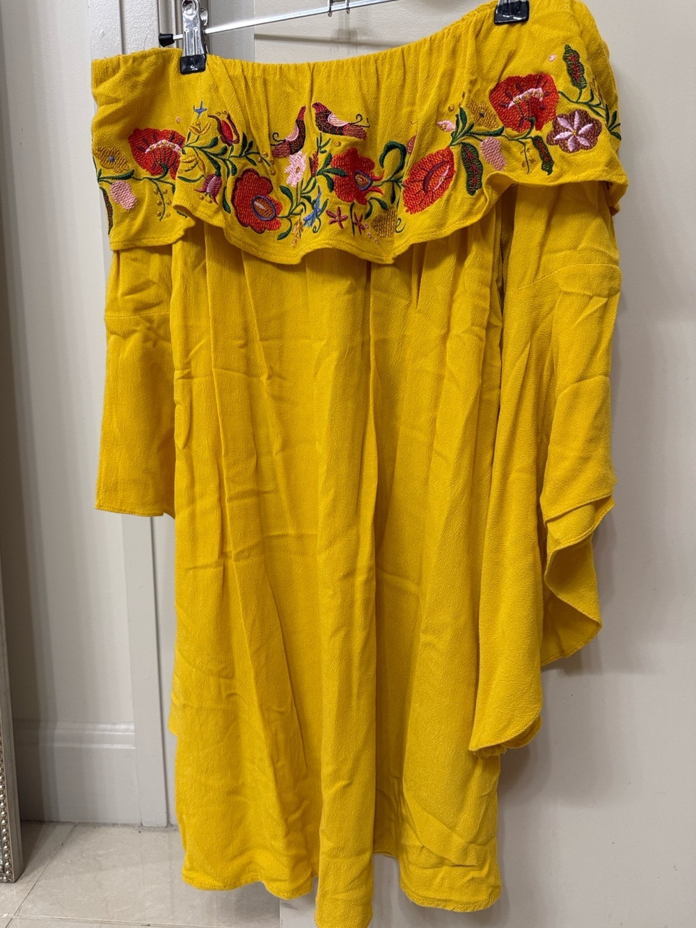 Umgee Yellow Off-Shoulder Mini Dress with Floral Embroidery
